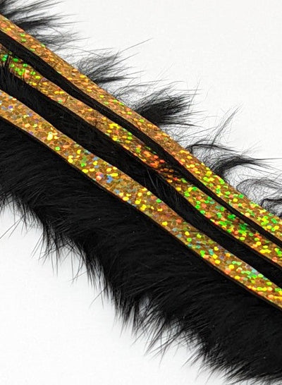 Hareline Magnum Bling Rabbit Strips Black with Holo Gold Accent Hair, Fur