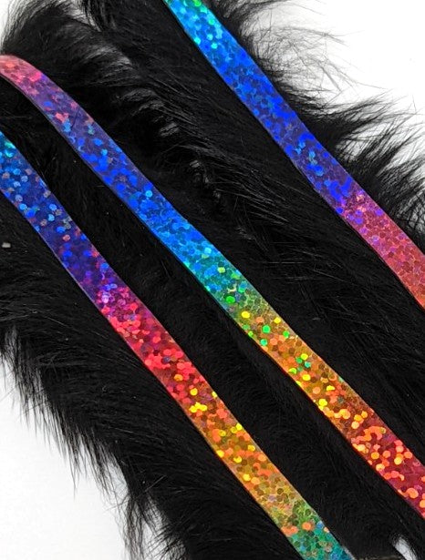 Hareline Magnum Bling Rabbit Strips Black with Holo Rainbow Accent Hair, Fur