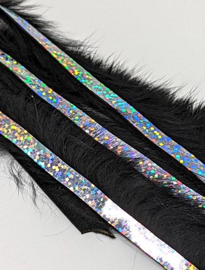Hareline Magnum Bling Rabbit Strips Black with Holo Silver Accent Hair, Fur