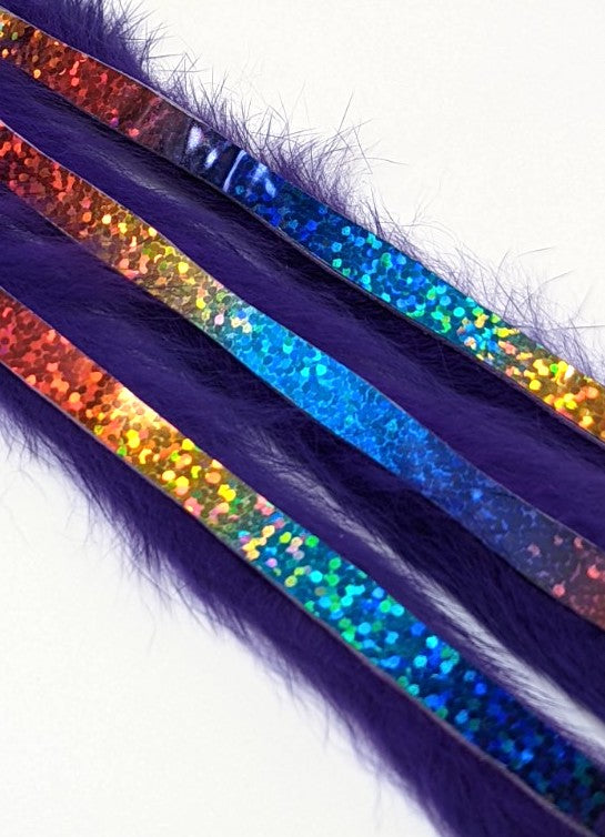 Hareline Magnum Bling Rabbit Strips Bright Purple with Holo Rainbow Accent Hair, Fur