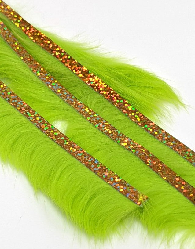 Hareline Magnum Bling Rabbit Strips Chartreuse with Holo Gold Accent Hair, Fur