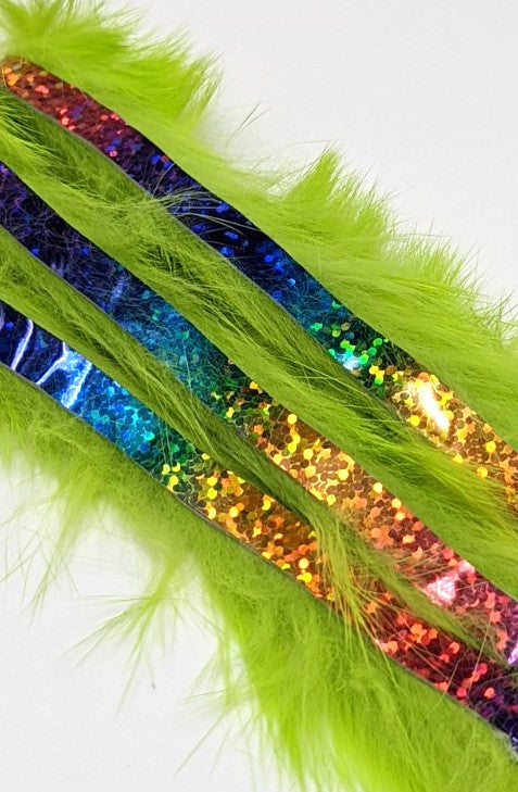 Hareline Magnum Bling Rabbit Strips Chartreuse with Holo Rainbow Accent Hair, Fur