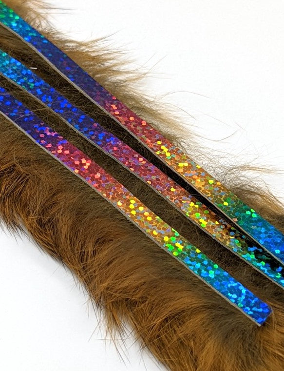 Hareline Magnum Bling Rabbit Strips Gold Variant with Holo Rainbow Accent Hair, Fur