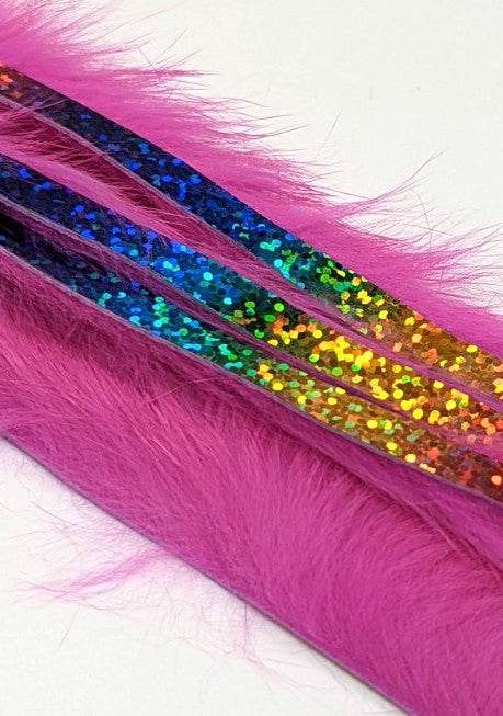Hareline Magnum Bling Rabbit Strips Hot Pink with Holo Rainbow Accent Hair, Fur