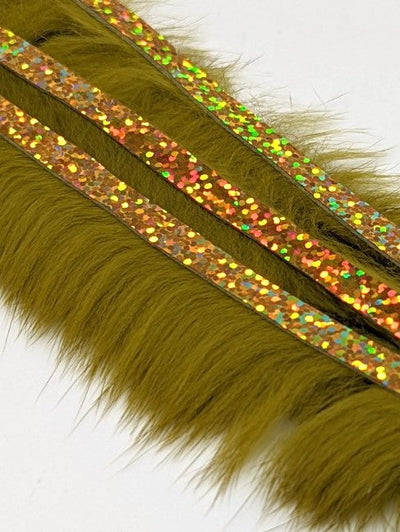 Hareline Magnum Bling Rabbit Strips Olive with Holo Gold Accent Hair, Fur