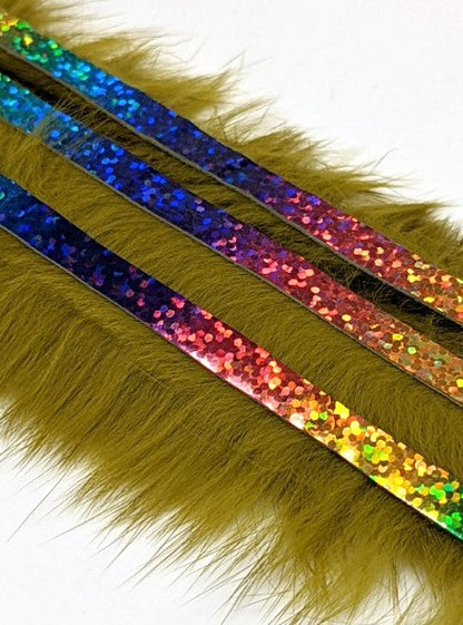 Hareline Magnum Bling Rabbit Strips Olive with Holo Rainbow Accent Hair, Fur