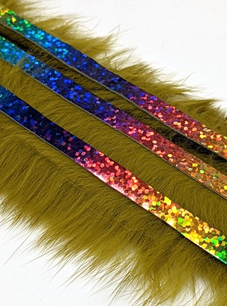 Hareline Magnum Bling Rabbit Strips Olive with Holo Rainbow Accent Hair, Fur