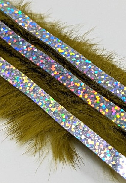 Hareline Magnum Bling Rabbit Strips Olive with Holo Silver Accent Hair, Fur