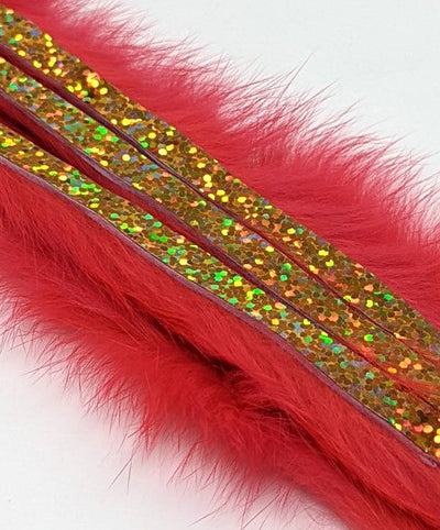 Hareline Magnum Bling Rabbit Strips Sockeye Red with Holo Gold Accent Hair, Fur