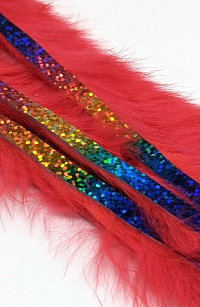 Hareline Magnum Bling Rabbit Strips Sockeye Red with Holo Rainbow Accent Hair, Fur