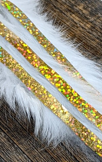 Hareline Magnum Bling Rabbit Strips White with Holo Gold Accent Hair, Fur