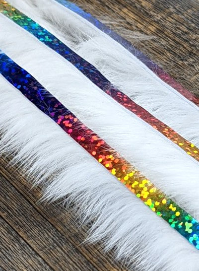 Hareline Magnum Bling Rabbit Strips White with Holo Rainbow Accent Hair, Fur