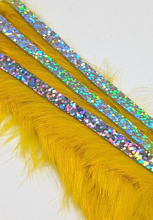 Hareline Magnum Bling Rabbit Strips Yellow with Holo Silver Accent Hair, Fur