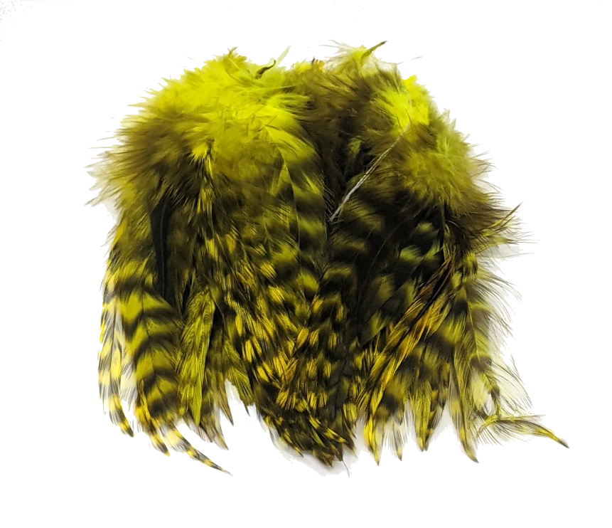 Hareline Strung 4-6 inch Grizzly Variant Saddle Hackle Bright Yellow #37 Saddle Hackle, Hen Hackle, Asst. Feathers