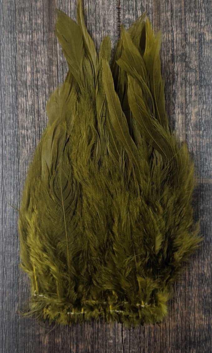 Hareline Strung Schlappen 5-7" Olive #263 Saddle Hackle, Hen Hackle, Asst. Feathers