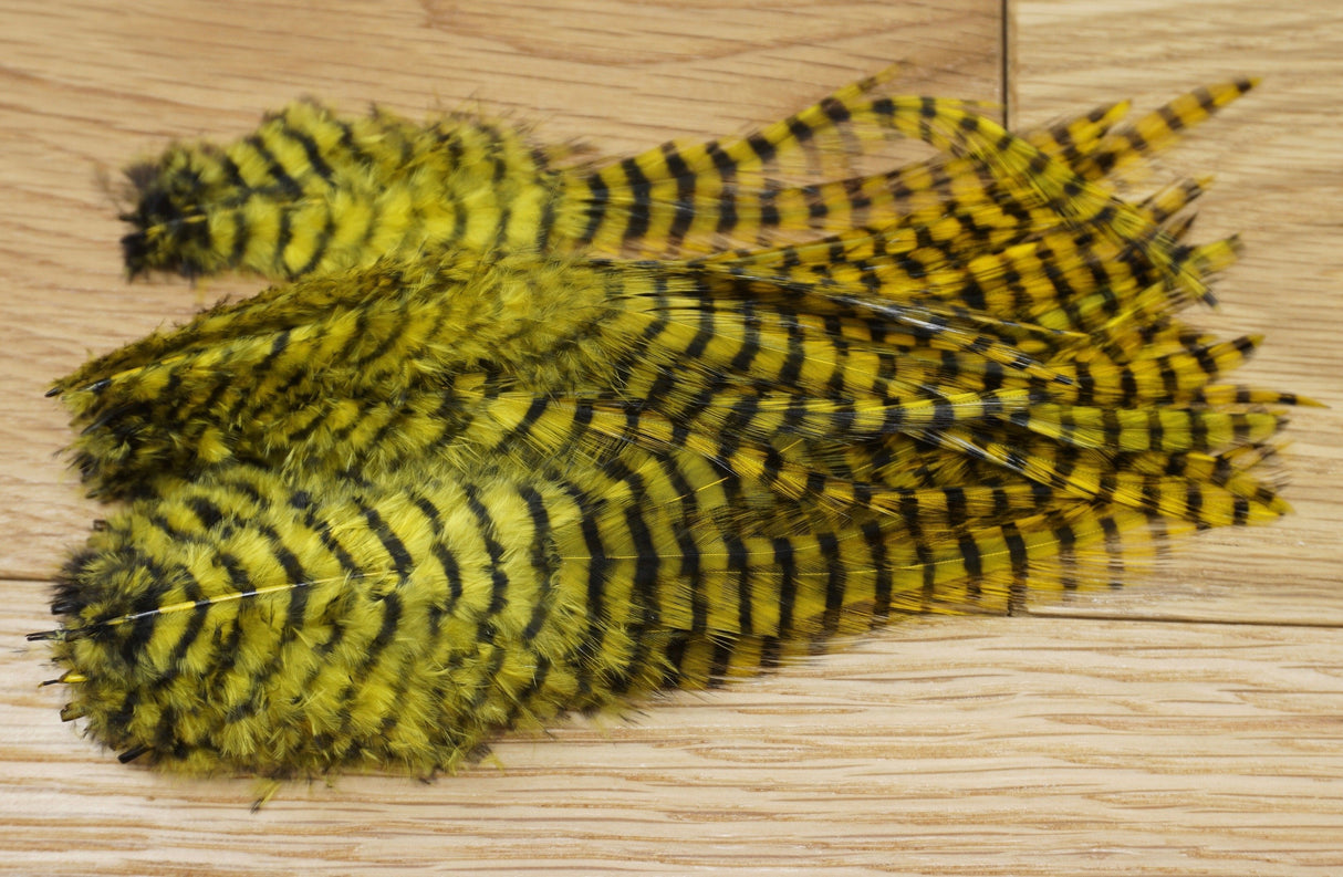 MFC Barred Saddle Hackle Yellow/Black Saddle Hackle, Hen Hackle, Asst. Feathers