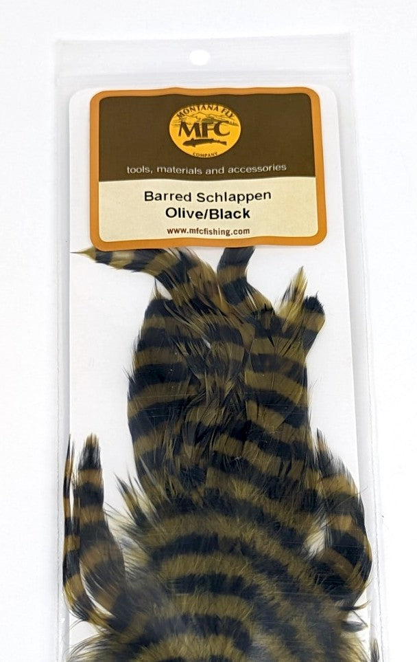 MFC Barred Schlappen Olive/Black Saddle Hackle, Hen Hackle, Asst. Feathers
