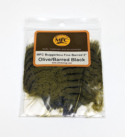 MFC Fine Barred Buggerbou Olive/Barred Black Saddle Hackle, Hen Hackle, Asst. Feathers