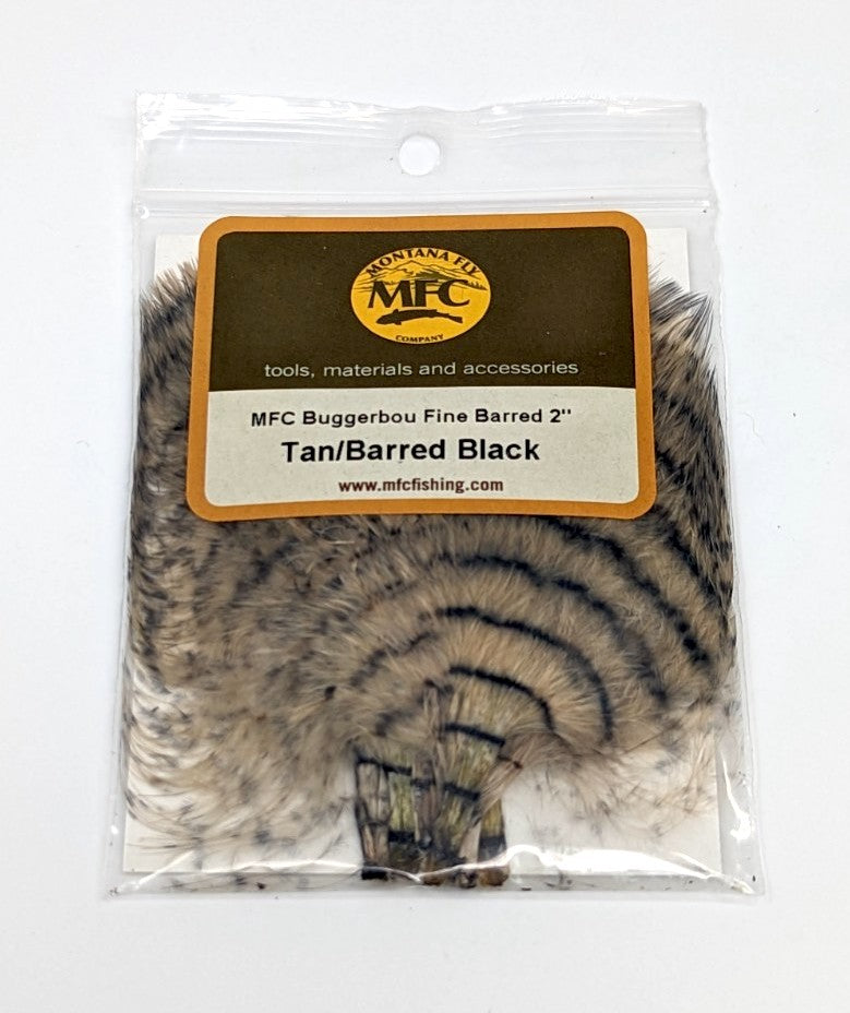 MFC Fine Barred Buggerbou Tan/Barred Black Saddle Hackle, Hen Hackle, Asst. Feathers