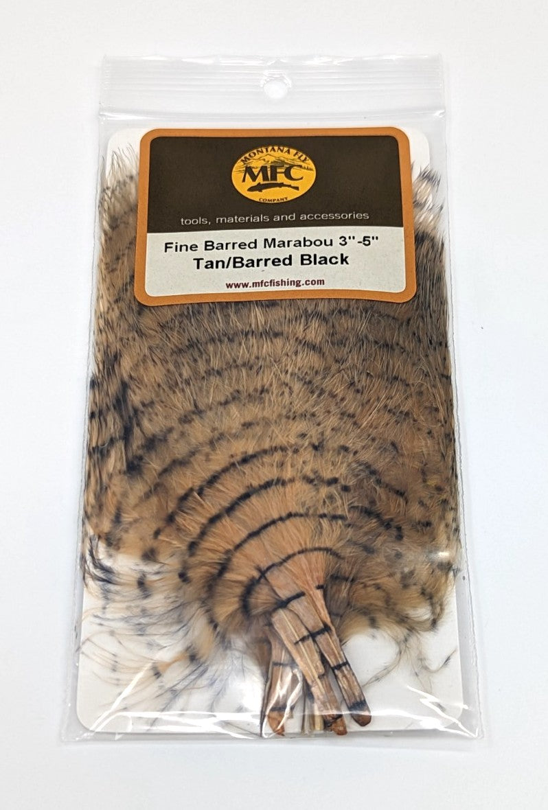 MFC Fine Barred Marabou Tan/Barred Black Saddle Hackle, Hen Hackle, Asst. Feathers