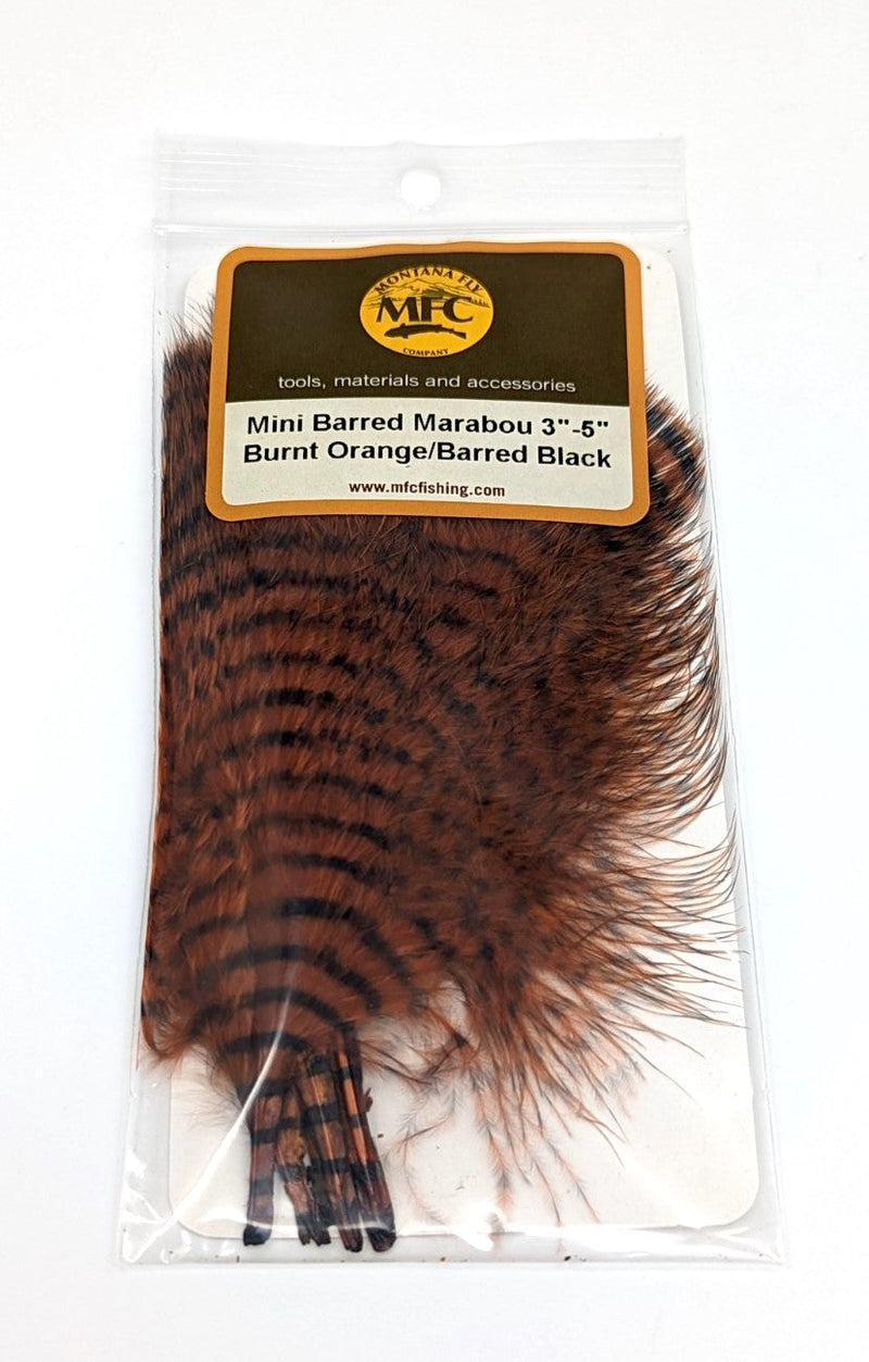 MFC Mini Barred Marabou 3-5" Burnt Orange/Black Saddle Hackle, Hen Hackle, Asst. Feathers
