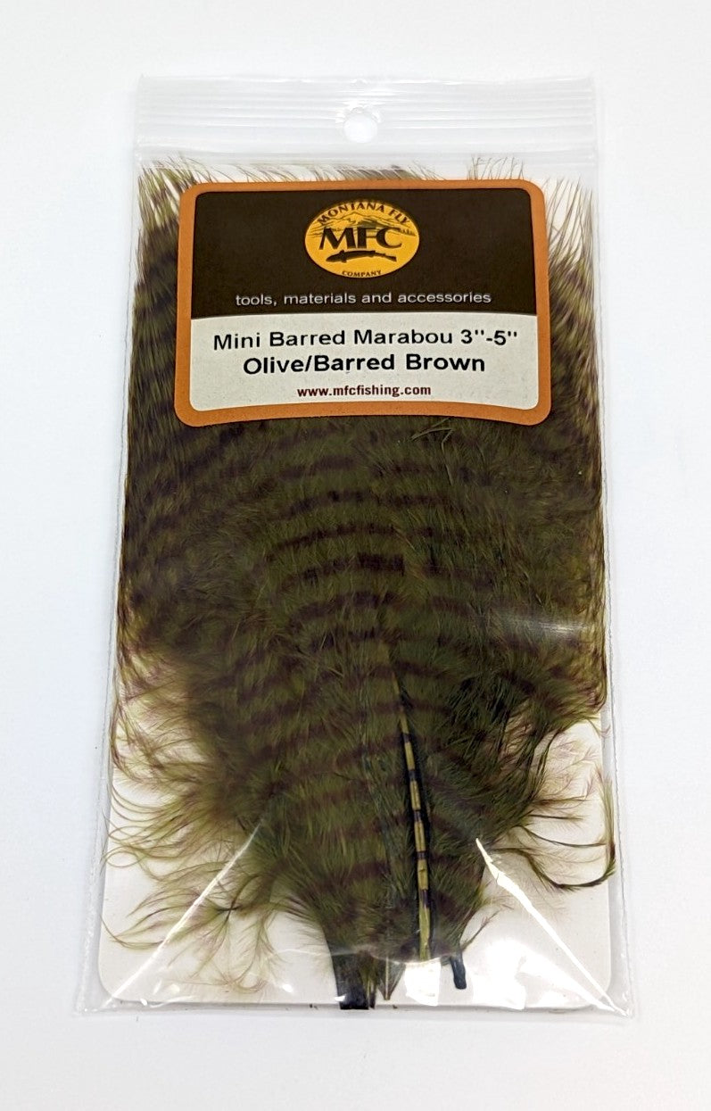 MFC Mini Barred Marabou 3-5" Olive/Brown Saddle Hackle, Hen Hackle, Asst. Feathers