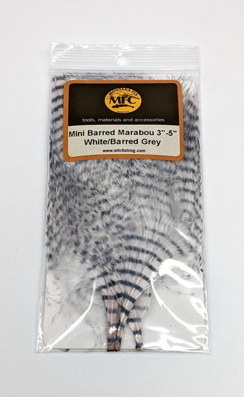 MFC Mini Barred Marabou 3-5" White/Grey Saddle Hackle, Hen Hackle, Asst. Feathers