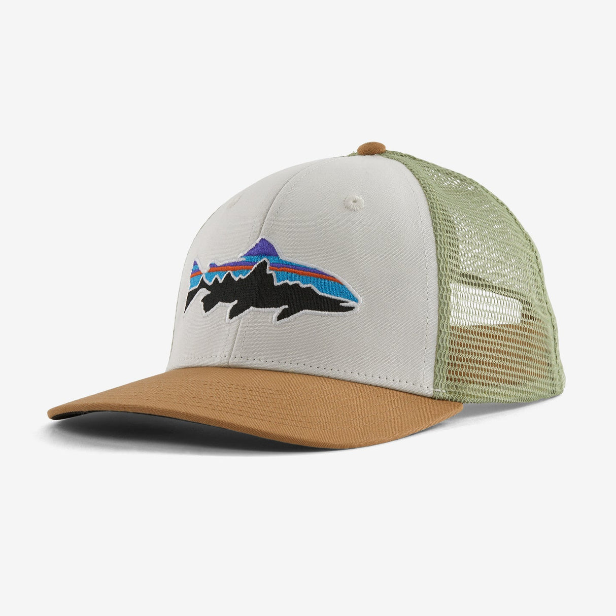 Patagonia Fitz Roy Trout Trucker Hat White w/Classic Tan Hats, Gloves, Socks, Belts