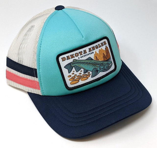 Shop Logo Patch Foam Striped Trucker Cap (c35-FM) Teal/Birch/Navy Hats, Gloves, Socks, Belts