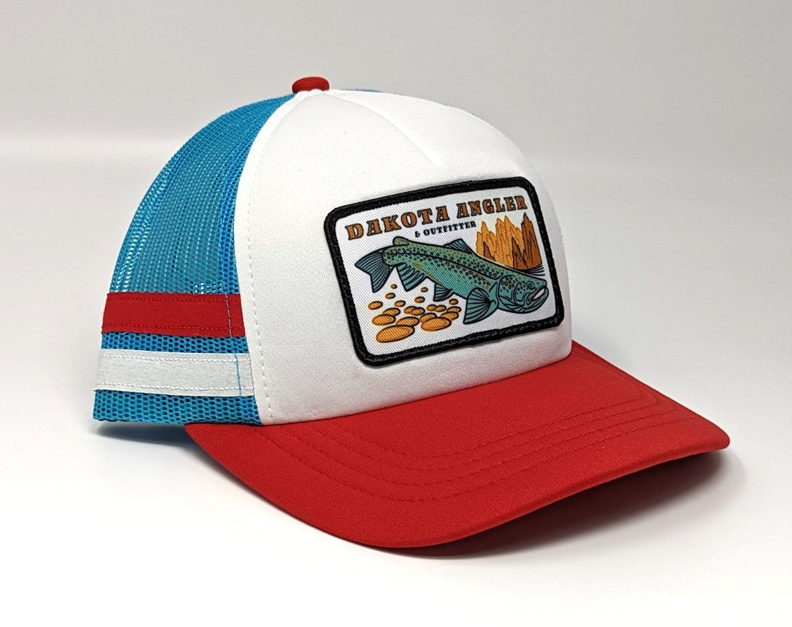 Shop Logo Patch Foam Striped Trucker Cap (c35-FM) White/Ocean/Red Hats, Gloves, Socks, Belts