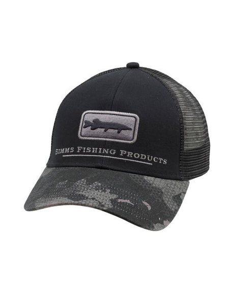 Simms Musky Icon Trucker Hat Hex Flo Camo Carbon Hats, Gloves, Socks, Belts