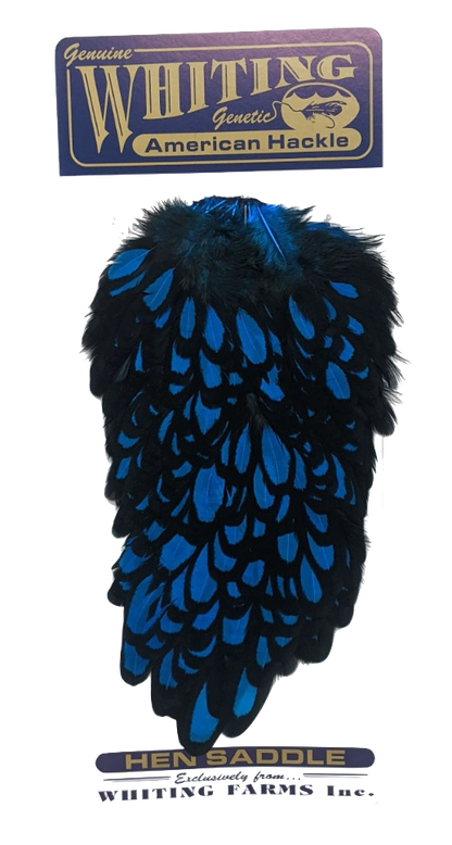 Whiting American Hen Saddle Black laced White dyed Kingfisher Blue Saddle Hackle, Hen Hackle, Asst. Feathers