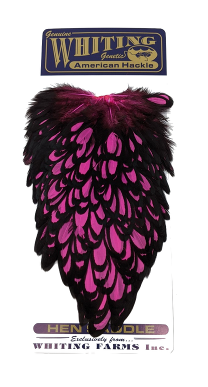 Whiting American Hen Saddle Black laced White dyed Pink Saddle Hackle, Hen Hackle, Asst. Feathers