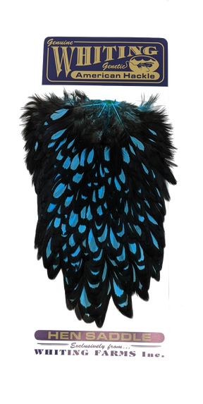 Whiting American Hen Saddle Black laced White dyed Silver Dr. Blue Saddle Hackle, Hen Hackle, Asst. Feathers