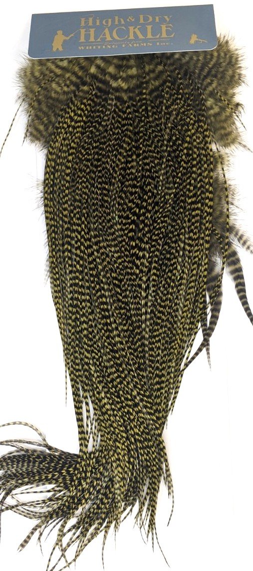 Whiting High and Dry Rooster Saddle Grizzly Olive Dry Fly Hackle