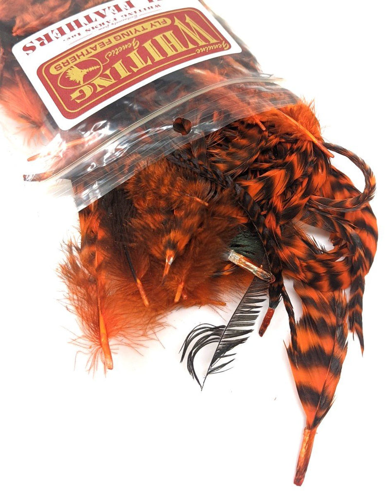 Whiting Schlappen Pack 1/4 Ounce Grizzly/Orange Saddle Hackle, Hen Hackle, Asst. Feathers